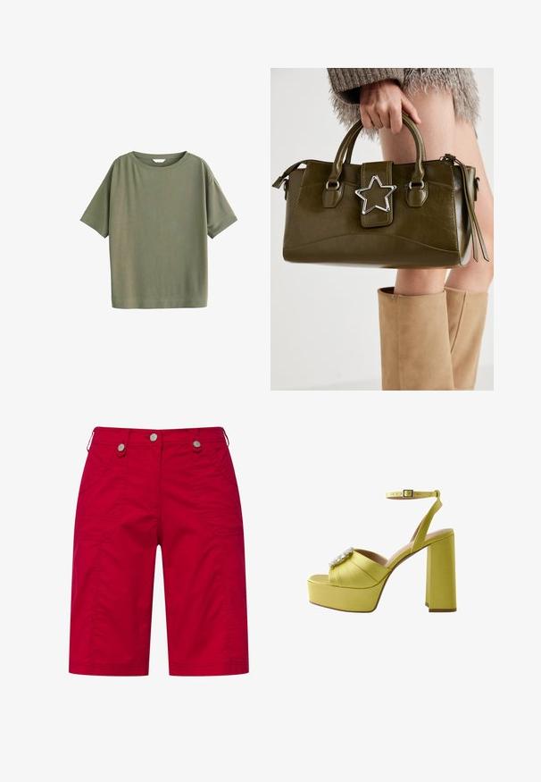 Olivengroene t-shirt, korte mouwen, ronde halslijn, gemaakt van zachte stof. Eenvoudig ontwerp zonder zichtbare patronen of aanvullende details.; Rode cargoshorts van katoen met twee zijzakken, decoratieve stiksels en zilveren knoopsluitingen bij de tailleband.; Geel satijnen platform sandaal met een brede hak, voorzien van een decoratieve kristalaccent en een verstelbare enkelband. Gladde textuur.; Olijf groen neplederen handtas met zilveren steraccent, dubbele handvatten en een ritssluiting. Gelaagd oppervlak en gestructureerde vorm.