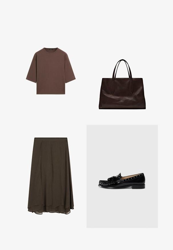 Brown cropped t-shirt with a round neckline, short sleeves, and a soft texture. Designed with a relaxed fit and minimal detailing.; Brown midi skirt with a flowy silhouette, soft texture, pleated design, and an asymmetrical hemline for added movement and drape.; Black leather loafers with decorative stitching, metal studs along the upper, a low heel, and a textured bow accent on the front.; Massimo Dutti Handbag - brown
