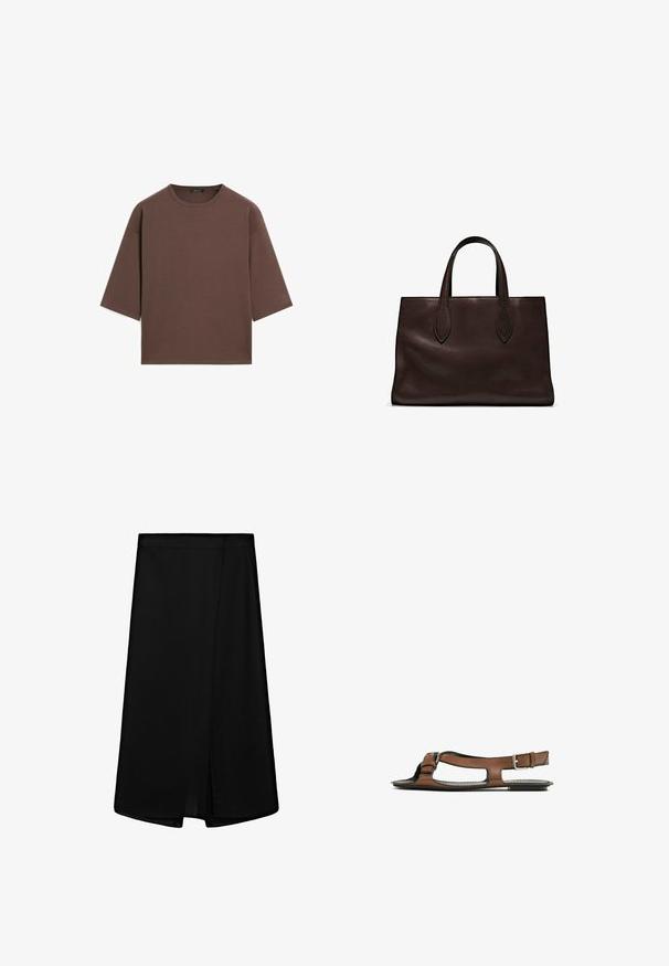 Braunes, kurzes T-Shirt mit rundem Halsausschnitt, kurzen Ärmeln und einer weichen Textur. Entworfen mit einem lässigen Schnitt und minimalen Details.; Schwarzer knielanger Rock mit hoher Taille und einem Schlitzdetail vorne.; Braune Leder-Sandale mit offener Zehenpartie und seitlichen Ausschnitten. Sie verfügt über einen Knöchelriemen mit einer metallischen Schnalle und eine flache Sohle.; Braune Ledertasche mit zwei langen Griffen, strukturierte rechteckige Form, glatte Textur und dezente Nähdetails.