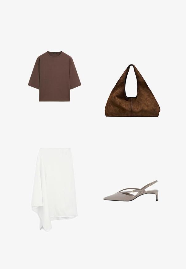 Braunes, kurzes T-Shirt mit rundem Halsausschnitt, kurzen Ärmeln und einer weichen Textur. Entworfen mit einem lässigen Schnitt und minimalen Details.; Asymmetrischer weißer Rock aus weichem, leichtem Material; ausgefranster Saum; glatte Textur; fällt auf einer Seite elegant.; Beige Slingback-High Heels mit spitzem Zehenbereich, dünnen, gekreuzten Riemen und einem kurzen Stiletto-Absatz. Glattes Material mit goldfarbenen Hardware-Akzenten.; Braune Wildleder-Schultertasche mit offenem Oberteil. Sie verfügt über einen tiefen, breiten Körper, einen ausgeschnittenen Griff und minimale Nähte für ein sauberes Design.