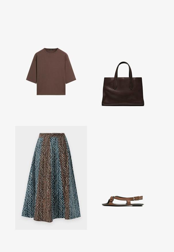 Braunes, kurzes T-Shirt mit rundem Halsausschnitt, kurzen Ärmeln und einer weichen Textur. Entworfen mit einem lässigen Schnitt und minimalen Details.; Midirock in Braun und Blau mit Zickzackmuster, plissiertem Design und schmalem Bund. Hergestellt aus leichtem Stoff.; Braune Leder-Sandale mit offener Zehenpartie und seitlichen Ausschnitten. Sie verfügt über einen Knöchelriemen mit einer metallischen Schnalle und eine flache Sohle.; Braune Ledertasche mit zwei langen Griffen, strukturierte rechteckige Form, glatte Textur und dezente Nähdetails.