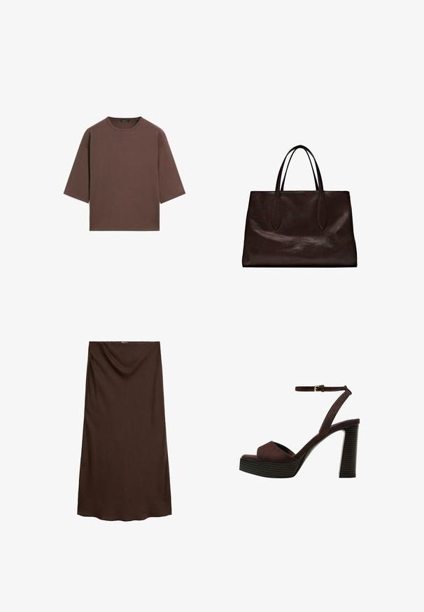 Braunes, kurzes T-Shirt mit rundem Halsausschnitt, kurzen Ärmeln und einer weichen Textur. Entworfen mit einem lässigen Schnitt und minimalen Details.; Brauner, knielanger Rock aus glattem Stoff mit drapierter Gestaltung und einem elastischen Bund für Komfort und Flexibilität.; Braune Wildleder-Pumps mit offenem Zeh, verstellbarem Knöchelriemen und gestreiftem Plateausohlen.; Massimo Dutti Handtasche - brown
