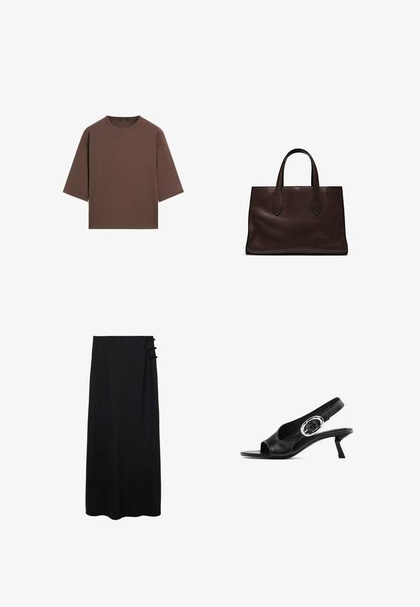 Brun cropped t-shirt med rund halsudskæring, korte ærmer og en blød tekstur. Designet med en afslappet pasform og minimal detaljering.; Sort maxi-nederdel med en glat tekstur, der har en sidelukning med tre slynget detaljer for ekstra pynt. Gulvlængde design.; Sorte lædersandal med åben tå, slank hæl og sølvspænde detaljer på remmen. Glat tekstur og strømlinet design.; Brun læder tote bag med to forlængede håndtag, struktureret rektangulær form, glat overflade og subtile syninger.