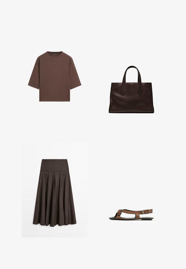 Bruine cropped t-shirt met een ronde halslijn, korte mouwen en een zachte textuur. Ontworpen met een losse pasvorm en minimale details.; Bruine uitlopende rok gemaakt van zachte stof. Kenmerkt zich door een aansluitende tailleband, geplooid ontwerp en een gladde, vloeiende textuur. De zoom bereikt halverwege de kuit.; Bruine leren sandaal met een open teen en zijuitsparingen. Voorzien van een enkelband met een metalen gesp en een platte zool.; Bruine leren tote bag met twee verlengde handvatten, gestructureerde rechthoekige vorm, gladde textuur en subtiele stiksels.