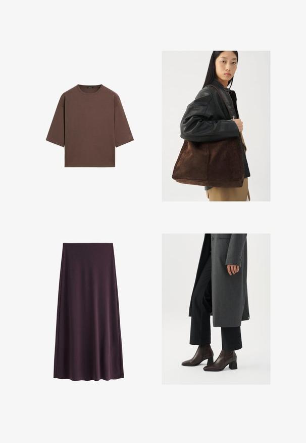 Brown cropped t-shirt with a round neckline, short sleeves, and a soft texture. Designed with a relaxed fit and minimal detailing.; Purple skirt made of smooth fabric, featuring an A-line silhouette with a knee-length hem, no visible patterns or fasteners.; High-heeled ankle boots in dark brown leather with a pointed toe and block heel, paired with black trousers and a gray coat.; Brown suede tote bag with a wide shape and soft texture, featuring a single strap and minimal hardware against a neutral backdrop.
