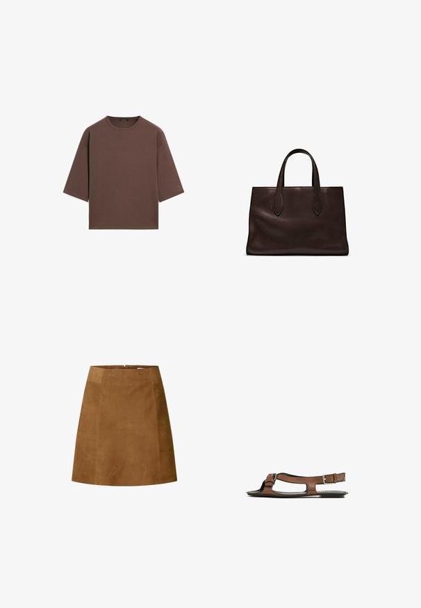 Brown cropped t-shirt with a round neckline, short sleeves, and a soft texture. Designed with a relaxed fit and minimal detailing.; Brown suede mini skirt with a straight cut, featuring a smooth texture and a back zipper closure. Simple design with no additional accents.; Brown leather sandal with an open toe and side cutouts. Features an ankle strap with a metal buckle and a flat sole.; Brown leather tote bag with two elongated handles, structured rectangular shape, smooth texture, and subtle stitching details.