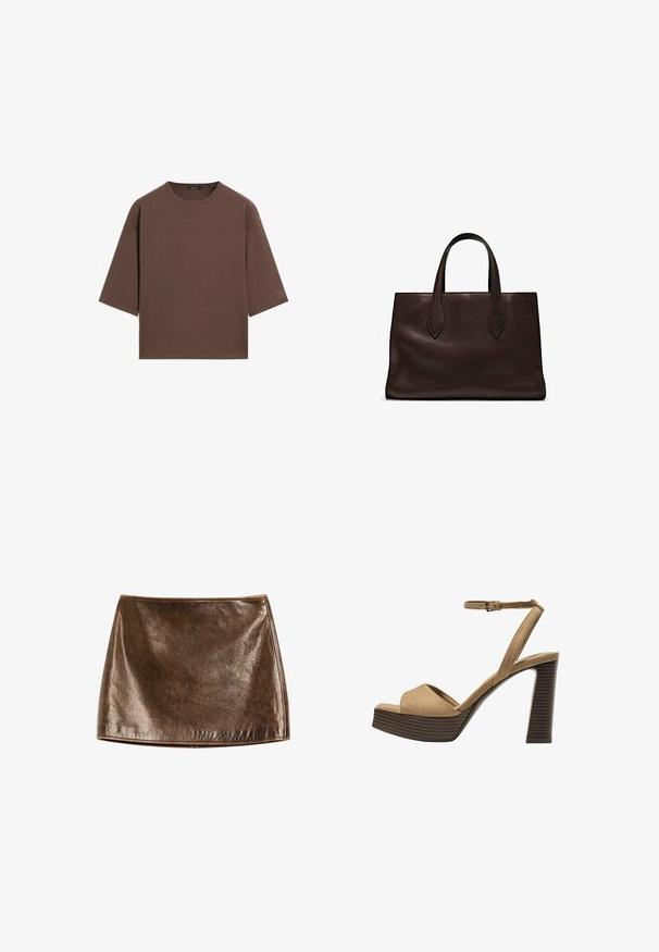 Braunes, kurzes T-Shirt mit rundem Halsausschnitt, kurzen Ärmeln und einer weichen Textur. Entworfen mit einem lässigen Schnitt und minimalen Details.; Brazer metallischer Minirock mit einer glatten, glänzenden Textur. Verfügt über ein einfaches Design und klare Linien, mit einem geraden Saum am unteren Ende.; Beige Wildleder-Pumps mit hohem Absatz, breitem Vorderband und Knöchelriemen, ausgestattet mit einem klobigen Holzblockabsatz mit strukturiertem Finish.; Braune Ledertasche mit zwei langen Griffen, strukturierte rechteckige Form, glatte Textur und dezente Nähdetails.
