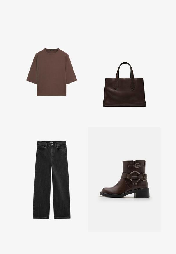 Brown cropped t-shirt with a round neckline, short sleeves, and a soft texture. Designed with a relaxed fit and minimal detailing.; Wide-leg black denim jeans with a subtle vertical stripe pattern, featuring five-pocket design and a classic button closure at the waist.; Brown leather ankle boot with a rounded toe, silver metal hardware, and two decorative straps. Chunky black heel and textured sole.; Brown leather tote bag with two elongated handles, structured rectangular shape, smooth texture, and subtle stitching details.