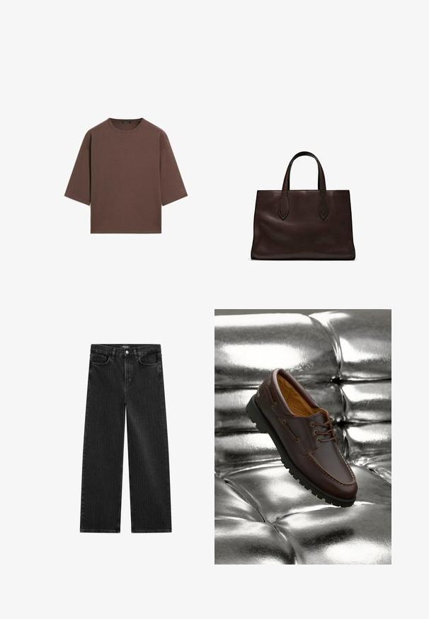 Braunes, kurzes T-Shirt mit rundem Halsausschnitt, kurzen Ärmeln und einer weichen Textur. Entworfen mit einem lässigen Schnitt und minimalen Details.; Weite schwarze Denim-Jeans mit feinem vertikalen Streifenmuster, ausgestattet mit einem Fünf-Taschen-Design und einem klassischen Knopfverschluss an der Taille.; Braune Lederbootsschuhe mit schwarzer Gummisohle, die auf einer glänzenden metallischen silbernen gepolsterten Oberfläche ruhen.; Braune Ledertasche mit zwei langen Griffen, strukturierte rechteckige Form, glatte Textur und dezente Nähdetails.