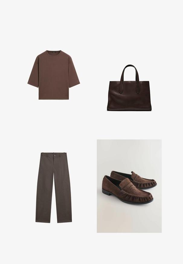 Bruine cropped t-shirt met een ronde halslijn, korte mouwen en een zachte textuur. Ontworpen met een losse pasvorm en minimale details.; Brede broek in donkerbruin stof. Heeft een knoopsluiting, twee voorzakken en een soepele textuur met nette naden.; Bruine suède loafers met een zachte textuur, moccasin-stijl stiksels en een ronde neus. Zwarte rubberen zool en een gevouwen leren manchet detail.; Bruine leren tote bag met twee verlengde handvatten, gestructureerde rechthoekige vorm, gladde textuur en subtiele stiksels.