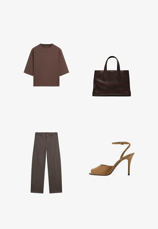Hnědý zkrácený tričko s kulatým výstřihem, krátkými rukávy a měkkou texturou. Navrženo s uvolněným střihem a minimálním zdobením.; Široké kalhoty ve tmavě hnědé látce. Mají zapínání na knoflík, dvě přední kapsy a hladkou texturu s čistými švy.; Hnědá otevřená lodička na vysokém podpatku s lesklým povrchem, tenkým řemínkem kolem kotníku a stiletto podpatkem. Hladká textura, minimalistický design.; Hnědá kožená taška přes rameno s dvěma dlouhými uchy, strukturální obdélníkový tvar, hladká textura a jemné švy.