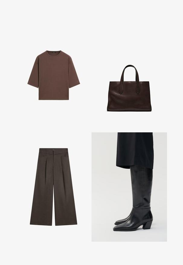 Brązowy, krótki t-shirt z okrągłym dekoltem, krótkimi rękawami i miękką fakturą. Zaprojektowany w luźnym kroju z minimalnymi detalami.; Spodnie z szerokimi nogawkami w ciemnym brązowym kolorze, z płaskim przodem, dwiema bocznymi kieszeniami i gładką teksturą oraz dopasowaną sylwetką.; Czarne skórzane kozaki do kolan z wydłużonym noskiem i kwadratowym obcasem, charakteryzujące się gładką teksturą i minimalistycznym designem.; Brązowa skórzana torba tote z dwoma wydłużonymi uchwytami, usztywnionym prostokątnym kształtem, gładką teksturą i subtelnymi detalami przeszycia.