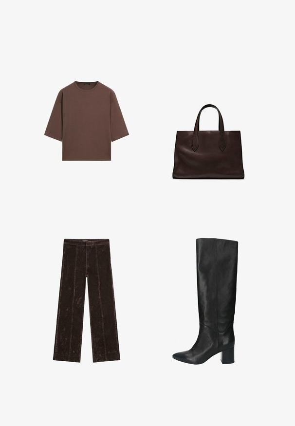 Bruine cropped t-shirt met een ronde halslijn, korte mouwen en een zachte textuur. Ontworpen met een losse pasvorm en minimale details.; Wijdlopende broek in donkerbruin, met een suède-achtige textuur, verticale stiksels en een elastische tailleband voor comfort.; Zwarte leren hoge laarzen tot de knie met een spitse neus, blokhak en een gladde textuur. Heeft een slanke silhouet en minimale stikseldetails.; Bruine leren tote bag met twee verlengde handvatten, gestructureerde rechthoekige vorm, gladde textuur en subtiele stiksels.