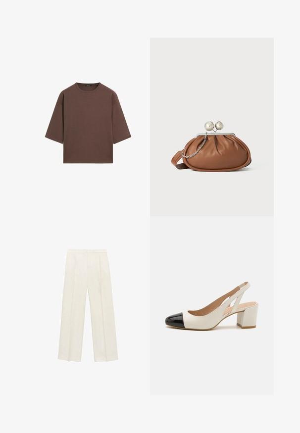 Brązowy, krótki t-shirt z okrągłym dekoltem, krótkimi rękawami i miękką fakturą. Zaprojektowany w luźnym kroju z minimalnymi detalami.; Spodnie o szerokich nogawkach w jasnym kolorze kremowym. Wykonane z gładkiego materiału, z plisami z przodu i bocznymi kieszeniami.; Białe skórzane buty na obcasie typu slingback z czubkiem w czarnym lakierowanym wykończeniu. Posiadają blokowy obcas oraz wycięcia po bokach.; Brązowa skórzana kopertówka z srebrnym zapięciem w kształcie kuli oraz małym srebrnym łańcuszkiem na białym tle.