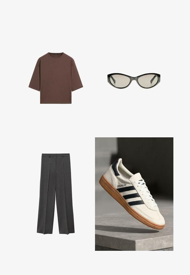 Bruine cropped t-shirt met een ronde halslijn, korte mouwen en een zachte textuur. Ontworpen met een losse pasvorm en minimale details.; Grijze wijde broek met een gladde textuur, geplooide voorkant en ceintuurlussen. Gemaakt van een lichtgewicht, geweven stof.; Witte suède sneakers met marineblauwe strepen, rubberen gumzool, gestructureerde bovenkant, ronde neus en veters; heeft branding aan de zijkant en op de tong.; Zwarte cat-eye zonnebril met grijs getinte glazen. Plastic montuur met scherpe hoeken en een gladde, glanzende afwerking.