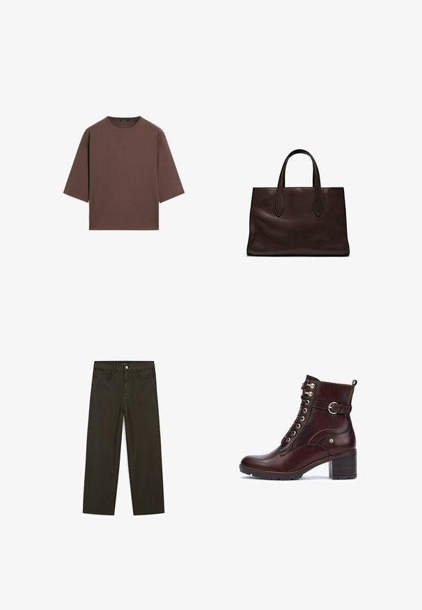 Brązowy, krótki t-shirt z okrągłym dekoltem, krótkimi rękawami i miękką fakturą. Zaprojektowany w luźnym kroju z minimalnymi detalami.; Ciemnozielone spodnie dżinsowe typu wide-leg wykonane z mieszanki bawełny, z zamkiem na guzik z przodu, pięcioma kieszeniami i klasycznym przeszyciem dżinsowym.; Pikolinos - Ankle boot; Brązowa skórzana torba tote z dwoma wydłużonymi uchwytami, usztywnionym prostokątnym kształtem, gładką teksturą i subtelnymi detalami przeszycia.