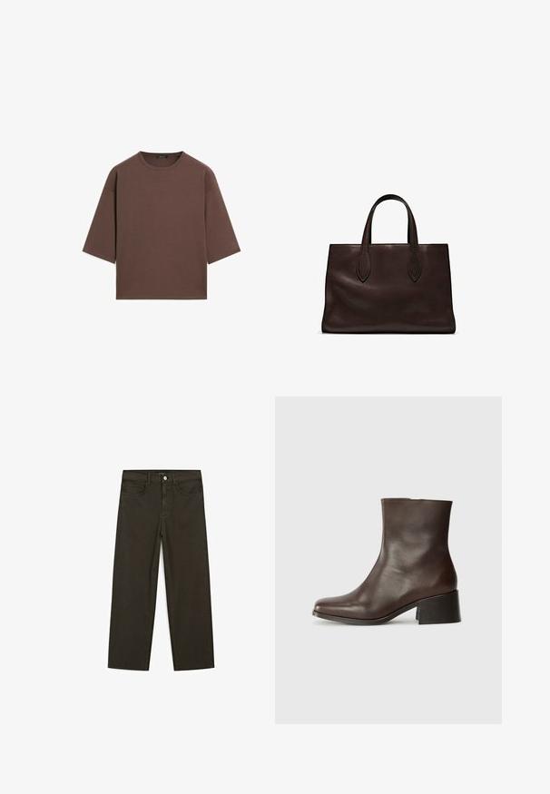 Hnědý zkrácený tričko s kulatým výstřihem, krátkými rukávy a měkkou texturou. Navrženo s uvolněným střihem a minimálním zdobením.; Tmavě zelené široké džínsy vyrobené z bavlněné směsi, s předním zapínáním na knoflík, pěti kapsami a klasickým denimovým stehem.; Hnědá kožená kotníková bota s hladkým povrchem, zaoblenou špičkou a silnou černou podpatěnkou. Má minimalistický design bez viditelného kování.; Hnědá kožená taška přes rameno s dvěma dlouhými uchy, strukturální obdélníkový tvar, hladká textura a jemné švy.