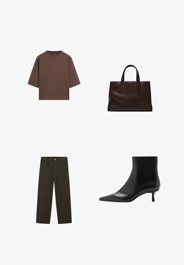 Brązowy, krótki t-shirt z okrągłym dekoltem, krótkimi rękawami i miękką fakturą. Zaprojektowany w luźnym kroju z minimalnymi detalami.; Ciemnozielone spodnie dżinsowe typu wide-leg wykonane z mieszanki bawełny, z zamkiem na guzik z przodu, pięcioma kieszeniami i klasycznym przeszyciem dżinsowym.; Mango - Ankle boot; Brązowa skórzana torba tote z dwoma wydłużonymi uchwytami, usztywnionym prostokątnym kształtem, gładką teksturą i subtelnymi detalami przeszycia.