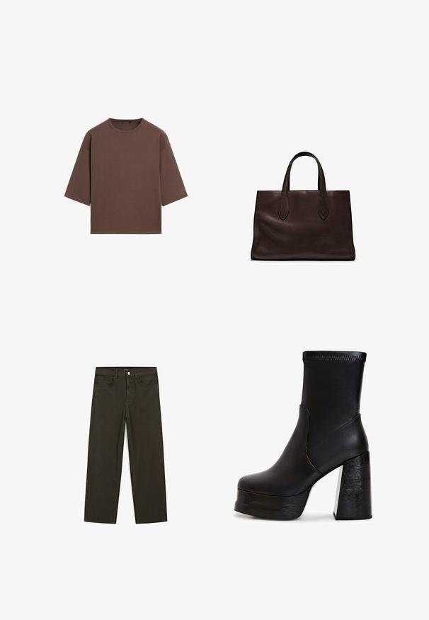 Brun cropped t-shirt med rund halsudskæring, korte ærmer og en blød tekstur. Designet med en afslappet pasform og minimal detaljering.; Mørkegrønne brede jeans lavet af en bomuldsblanding, med en frontlukning med knap, fem lommer og klassisk denim-syning.; Sort ankelstøvle lavet af glat læder. Har en høj blokhæle med en trælignende tekstur og en solid platform. Søm-detaljering på overdelen.; Brun læder tote bag med to forlængede håndtag, struktureret rektangulær form, glat overflade og subtile syninger.