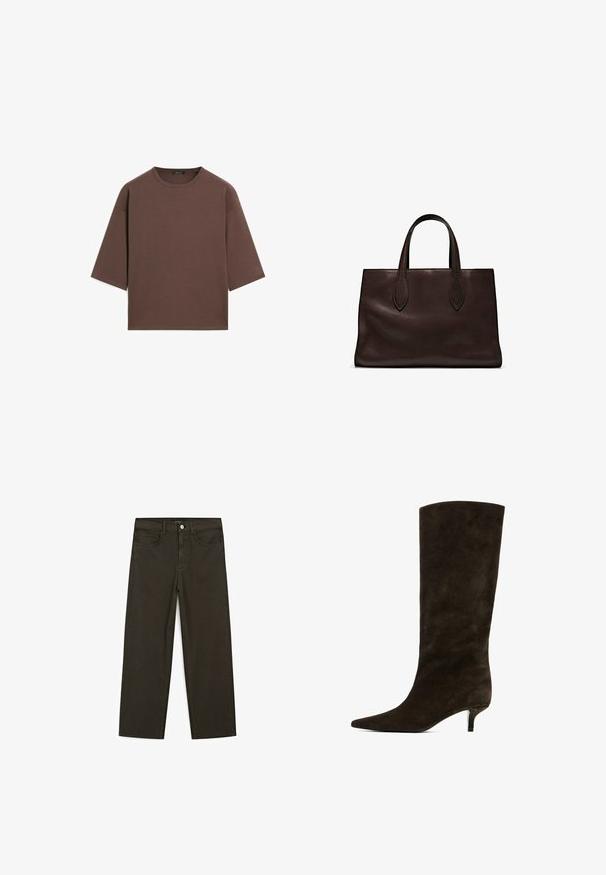 Hnědý zkrácený tričko s kulatým výstřihem, krátkými rukávy a měkkou texturou. Navrženo s uvolněným střihem a minimálním zdobením.; Tmavě zelené široké džínsy vyrobené z bavlněné směsi, s předním zapínáním na knoflík, pěti kapsami a klasickým denimovým stehem.; Hnědá semišová kozačka sahající ke kolenům s špičatou špičkou a nízkým podpatkem typu kitten, s hladkou texturou a bezešvým designem.; Hnědá kožená taška přes rameno s dvěma dlouhými uchy, strukturální obdélníkový tvar, hladká textura a jemné švy.