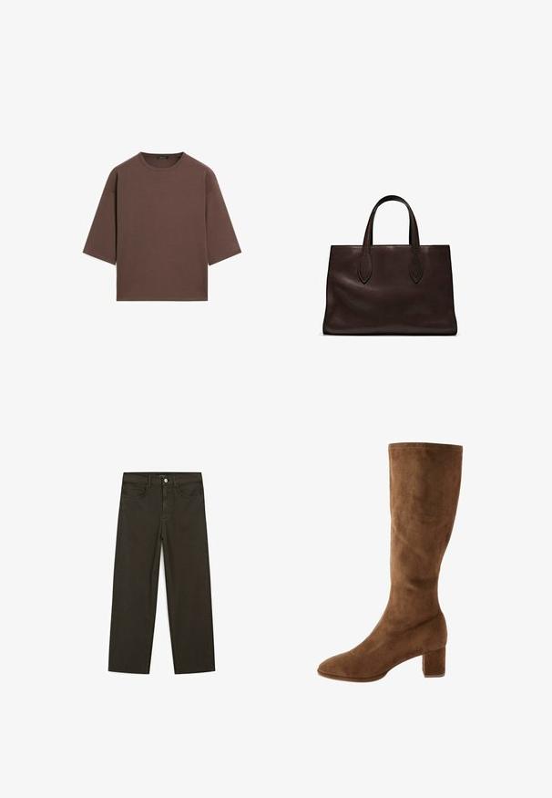 Brązowy, krótki t-shirt z okrągłym dekoltem, krótkimi rękawami i miękką fakturą. Zaprojektowany w luźnym kroju z minimalnymi detalami.; Ciemnozielone spodnie dżinsowe typu wide-leg wykonane z mieszanki bawełny, z zamkiem na guzik z przodu, pięcioma kieszeniami i klasycznym przeszyciem dżinsowym.; Brązowy zamszowy półbut wysokości kolan z wysmukłym czubkiem i blokowym obcasem, charakteryzujący się gładką teksturą i starannym przeszyciem wzdłuż krawędzi.; Brązowa skórzana torba tote z dwoma wydłużonymi uchwytami, usztywnionym prostokątnym kształtem, gładką teksturą i subtelnymi detalami przeszycia.