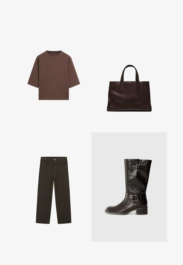 Braunes, kurzes T-Shirt mit rundem Halsausschnitt, kurzen Ärmeln und einer weichen Textur. Entworfen mit einem lässigen Schnitt und minimalen Details.; Dunkelgrüne Jeans im weit geschnittenen Style, hergestellt aus einem Baumwollgemisch. Sie verfügen über einen Frontknopfverschluss, fünf Taschen und klassische Denim-Nähte.; Braune Lederstiefel bis zum Knie mit abgerundetem Zehenbereich, seitlichem Schnallen-Detail und Blockabsatz. Glatte Oberfläche mit metallischen Akzenten am Riemen.; Braune Ledertasche mit zwei langen Griffen, strukturierte rechteckige Form, glatte Textur und dezente Nähdetails.