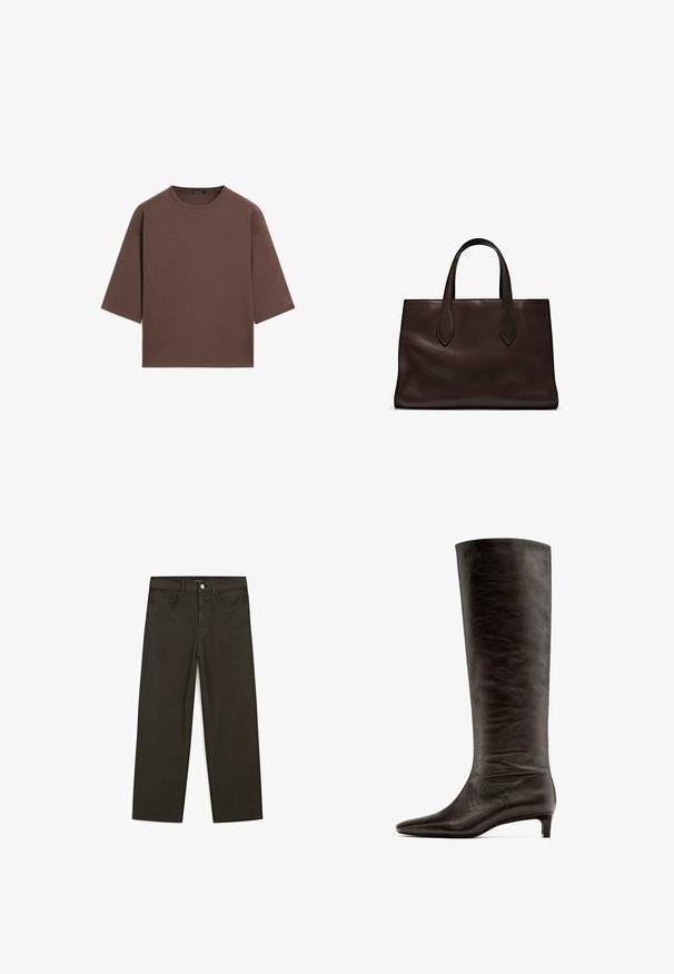 Brown cropped t-shirt with a round neckline, short sleeves, and a soft texture. Designed with a relaxed fit and minimal detailing.; Dark green wide-leg jeans made of cotton blend, featuring a front button closure, five pockets, and classic denim stitching.; Black leather knee-high boot with a pointed toe and a low, tapered heel. Smooth texture with a subtle creased effect.; Brown leather tote bag with two elongated handles, structured rectangular shape, smooth texture, and subtle stitching details.