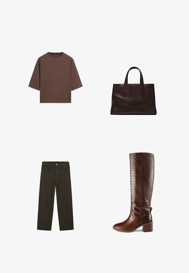 T-shirt marron court avec un col rond, des manches courtes et une texture douce. Conçu avec une coupe décontractée et un minimum de détails.; Jeans large en denim vert foncé en mélange de coton, avec une fermeture à bouton à l'avant, cinq poches et des coutures classiques en denim.; L37 SIMPLE LIFE - Bottes - brown; Sac tote en cuir marron avec deux poignées allongées, forme rectangulaire structurée, texture lisse et détails de couture subtils.