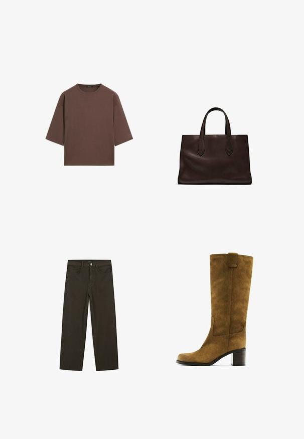 Braunes, kurzes T-Shirt mit rundem Halsausschnitt, kurzen Ärmeln und einer weichen Textur. Entworfen mit einem lässigen Schnitt und minimalen Details.; Dunkelgrüne Jeans im weit geschnittenen Style, hergestellt aus einem Baumwollgemisch. Sie verfügen über einen Frontknopfverschluss, fünf Taschen und klassische Denim-Nähte.; Braune Wildlederstiefel bis zum Knie mit quadratischer Zehenform und Blockabsatz. Verfügt über ein Seitenpanel und eine Zuglasche am oberen Ende für einfaches An- und Ausziehen.; Braune Ledertasche mit zwei langen Griffen, strukturierte rechteckige Form, glatte Textur und dezente Nähdetails.