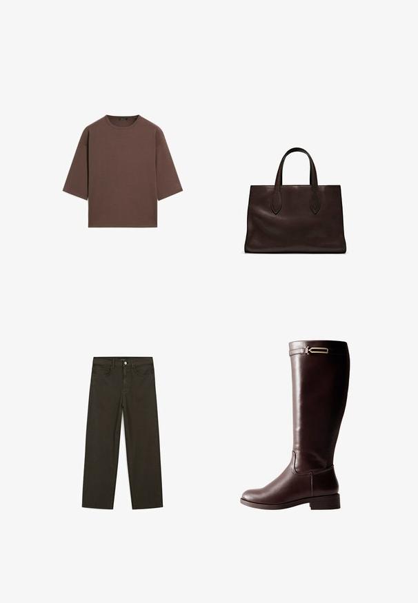 T-shirt marron court avec un col rond, des manches courtes et une texture douce. Conçu avec une coupe décontractée et un minimum de détails.; Jeans large en denim vert foncé en mélange de coton, avec une fermeture à bouton à l'avant, cinq poches et des coutures classiques en denim.; Botte en cuir marron foncé, montant jusqu'au genou, avec un petit talon bloc et une boucle décorative en métal doré près du haut.; Sac tote en cuir marron avec deux poignées allongées, forme rectangulaire structurée, texture lisse et détails de couture subtils.