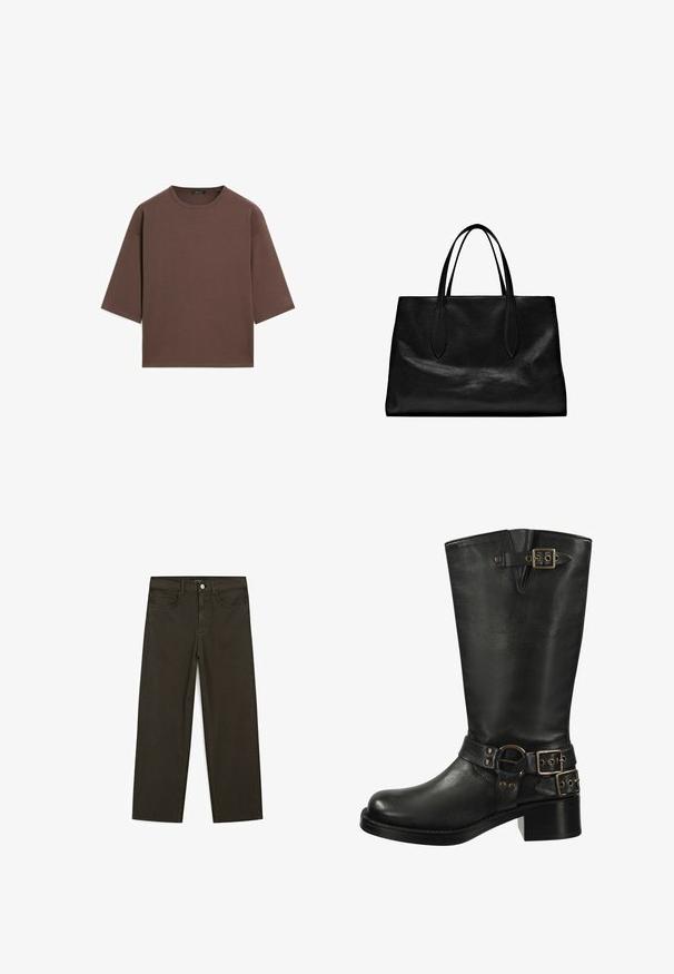 Brązowy, krótki t-shirt z okrągłym dekoltem, krótkimi rękawami i miękką fakturą. Zaprojektowany w luźnym kroju z minimalnymi detalami.; Ciemnozielone spodnie dżinsowe typu wide-leg wykonane z mieszanki bawełny, z zamkiem na guzik z przodu, pięcioma kieszeniami i klasycznym przeszyciem dżinsowym.; Czarne skórzane kozaki do kolan z okrągłym noskiem, konturowanym kształtem, podwójnymi klamrami i masywnym obcasem. Posiadają fakturowane wykończenie.; Czarna skórzana torba typu tote z dwoma wydłużonymi uchwytami, o wyraźnej formie, gładkiej fakturze i minimalistycznym designie. Brak widocznych dodatków ani ozdób.
