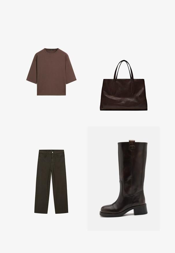 Brown cropped t-shirt with a round neckline, short sleeves, and a soft texture. Designed with a relaxed fit and minimal detailing.; Dark green wide-leg jeans made of cotton blend, featuring a front button closure, five pockets, and classic denim stitching.; Brown leather knee-high boots with a sturdy block heel, glossy finish, and back pull tab; features a streamlined silhouette and durable sole.; Massimo Dutti Handbag - brown