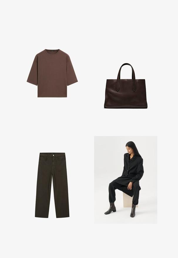 Hnědý zkrácený tričko s kulatým výstřihem, krátkými rukávy a měkkou texturou. Navrženo s uvolněným střihem a minimálním zdobením.; Tmavě zelené široké džínsy vyrobené z bavlněné směsi, s předním zapínáním na knoflík, pěti kapsami a klasickým denimovým stehem.; Černý tailored oblek s blazerem a zúženými kalhotami, doplněný hnědými kotníkovými botami. Hladká textura, minimalistický design, žádné viditelné vzory.; Hnědá kožená taška přes rameno s dvěma dlouhými uchy, strukturální obdélníkový tvar, hladká textura a jemné švy.
