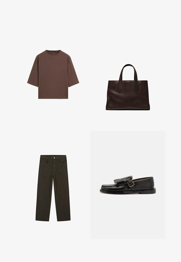 Brun kortärmad t-shirt med rund halsringning, korta ärmar och en mjuk textur. Designad med en avslappnad passform och minimal detaljer.; Mörkgröna vida jeans i bomullsblandning, med knäppning fram, fem fickor och klassisk denimstickning.; Svart lädermockasin med en glänsande yta, prydd med dekorativ frans och spänne. Lågprofilsoff med minimal mönstring.; Brun läder tote-väska med två avlånga handtag, strukturerad rektangulär form, slät textur och subtila sömdetaljer.