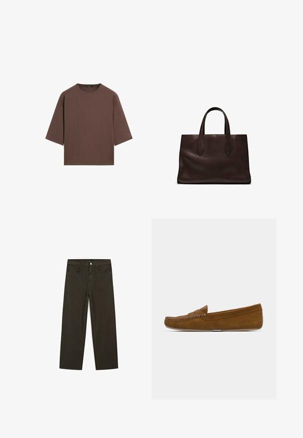 Brun cropped t-shirt med rund halsudskæring, korte ærmer og en blød tekstur. Designet med en afslappet pasform og minimal detaljering.; Mørkegrønne brede jeans lavet af en bomuldsblanding, med en frontlukning med knap, fem lommer og klassisk denim-syning.; Brune ruskinds loafers med en syet søm, flad sål og en afrundet tå. Simpelt design med et lille dekorativt bånd over fronten.; Brun læder tote bag med to forlængede håndtag, struktureret rektangulær form, glat overflade og subtile syninger.
