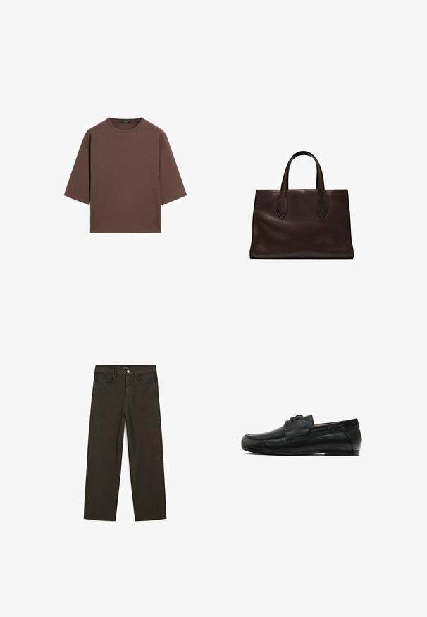 Bruine cropped t-shirt met een ronde halslijn, korte mouwen en een zachte textuur. Ontworpen met een losse pasvorm en minimale details.; Donkergroene wijde jeans van een katoenmix, met een sluiting met een voorste knop, vijf zakken en klassieke denimstiksels.; Zwarte leren instappers met een gladde textuur, voorzien van een low profile en subtiele stikdetails. Gemakkelijk aan te trekken met minimale hardware.; Bruine leren tote bag met twee verlengde handvatten, gestructureerde rechthoekige vorm, gladde textuur en subtiele stiksels.