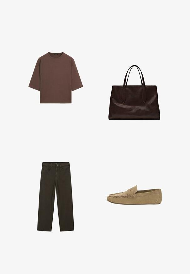 Braunes, kurzes T-Shirt mit rundem Halsausschnitt, kurzen Ärmeln und einer weichen Textur. Entworfen mit einem lässigen Schnitt und minimalen Details.; Dunkelgrüne Jeans im weit geschnittenen Style, hergestellt aus einem Baumwollgemisch. Sie verfügen über einen Frontknopfverschluss, fünf Taschen und klassische Denim-Nähte.; Hellbraune Wildleder-Herrenlober mit genähter Mokassin-Spitze und Penny-Riemen, flache Gummisohle, seitliches Profil auf weißem Hintergrund.; Massimo Dutti Handtasche - brown