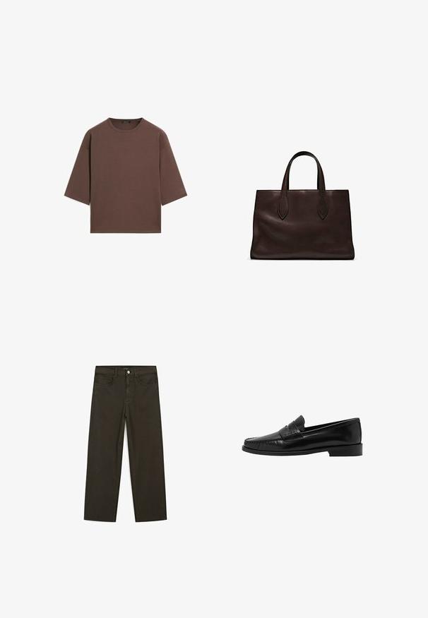 Braunes, kurzes T-Shirt mit rundem Halsausschnitt, kurzen Ärmeln und einer weichen Textur. Entworfen mit einem lässigen Schnitt und minimalen Details.; Dunkelgrüne Jeans im weit geschnittenen Style, hergestellt aus einem Baumwollgemisch. Sie verfügen über einen Frontknopfverschluss, fünf Taschen und klassische Denim-Nähte.; Mango Slipper - black; Braune Ledertasche mit zwei langen Griffen, strukturierte rechteckige Form, glatte Textur und dezente Nähdetails.