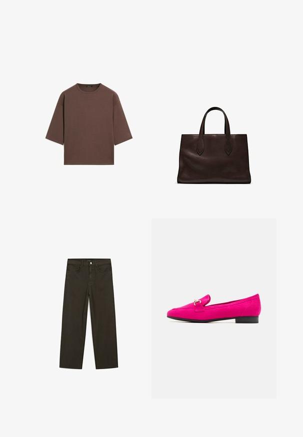 Hnědý zkrácený tričko s kulatým výstřihem, krátkými rukávy a měkkou texturou. Navrženo s uvolněným střihem a minimálním zdobením.; Tmavě zelené široké džínsy vyrobené z bavlněné směsi, s předním zapínáním na knoflík, pěti kapsami a klasickým denimovým stehem.; Fuchsiové semišové mokasíny s plochým černým podpatkem, zdobené páskem a malou přezkou. Hladká textura a elegantní silueta.; Hnědá kožená taška přes rameno s dvěma dlouhými uchy, strukturální obdélníkový tvar, hladká textura a jemné švy.