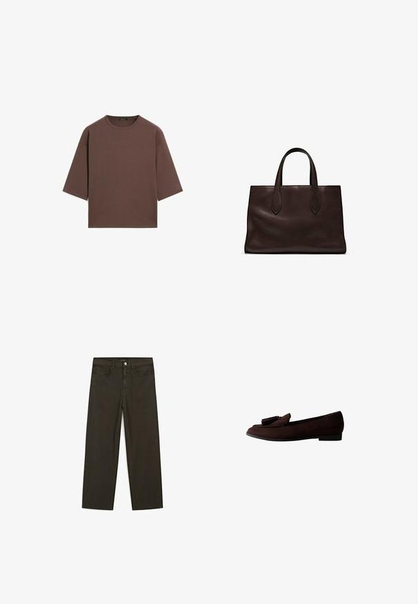 Bruine cropped t-shirt met een ronde halslijn, korte mouwen en een zachte textuur. Ontworpen met een losse pasvorm en minimale details.; Donkergroene wijde jeans van een katoenmix, met een sluiting met een voorste knop, vijf zakken en klassieke denimstiksels.; Bruine suède instapschoen met een ronde neus en decoratieve kwastjes op de bovenkant. Platte zool met een minimalistisch ontwerp en een gladde textuur.; Bruine leren tote bag met twee verlengde handvatten, gestructureerde rechthoekige vorm, gladde textuur en subtiele stiksels.