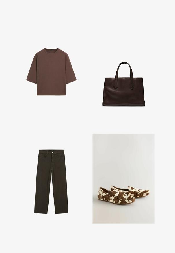 T-shirt marron court avec un col rond, des manches courtes et une texture douce. Conçu avec une coupe décontractée et un minimum de détails.; Jeans large en denim vert foncé en mélange de coton, avec une fermeture à bouton à l'avant, cinq poches et des coutures classiques en denim.; Mocassins en imprimé vache faits d'un matériau doux avec un motif marron et blanc, dotés d'un design à enfiler et d'une semelle plate en caoutchouc.; Sac tote en cuir marron avec deux poignées allongées, forme rectangulaire structurée, texture lisse et détails de couture subtils.