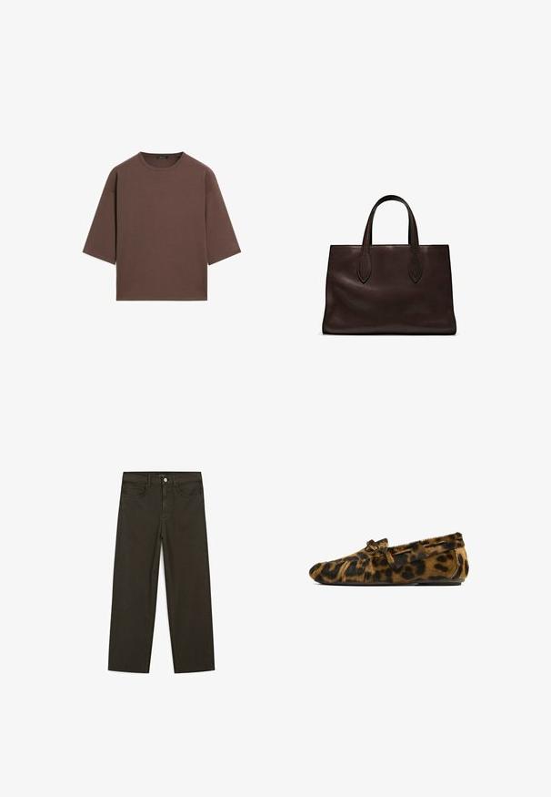 Braunes, kurzes T-Shirt mit rundem Halsausschnitt, kurzen Ärmeln und einer weichen Textur. Entworfen mit einem lässigen Schnitt und minimalen Details.; Dunkelgrüne Jeans im weit geschnittenen Style, hergestellt aus einem Baumwollgemisch. Sie verfügen über einen Frontknopfverschluss, fünf Taschen und klassische Denim-Nähte.; Flache Schuhe mit Leopardenmuster aus weichem Fell, mit einer abgerundeten Spitze, Schleifendetail und dekorativer Naht entlang der Seiten.; Braune Ledertasche mit zwei langen Griffen, strukturierte rechteckige Form, glatte Textur und dezente Nähdetails.