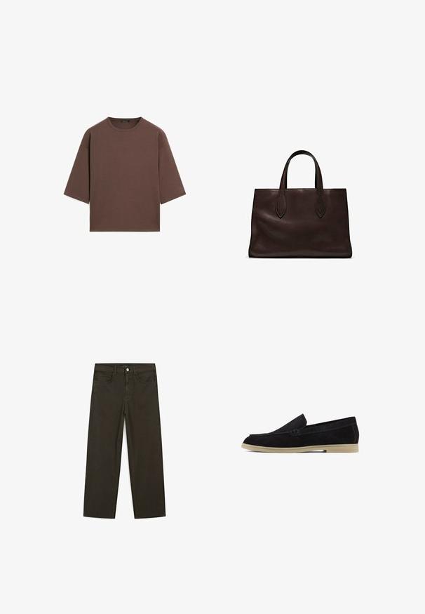 Brun cropped t-shirt med rund halsudskæring, korte ærmer og en blød tekstur. Designet med en afslappet pasform og minimal detaljering.; Mørkegrønne brede jeans lavet af en bomuldsblanding, med en frontlukning med knap, fem lommer og klassisk denim-syning.; Sorte ruskinds loafers med en flad beige sål, som har et syet design og en strømlinet slip-on stil, der er velegnet til afslappet brug.; Brun læder tote bag med to forlængede håndtag, struktureret rektangulær form, glat overflade og subtile syninger.