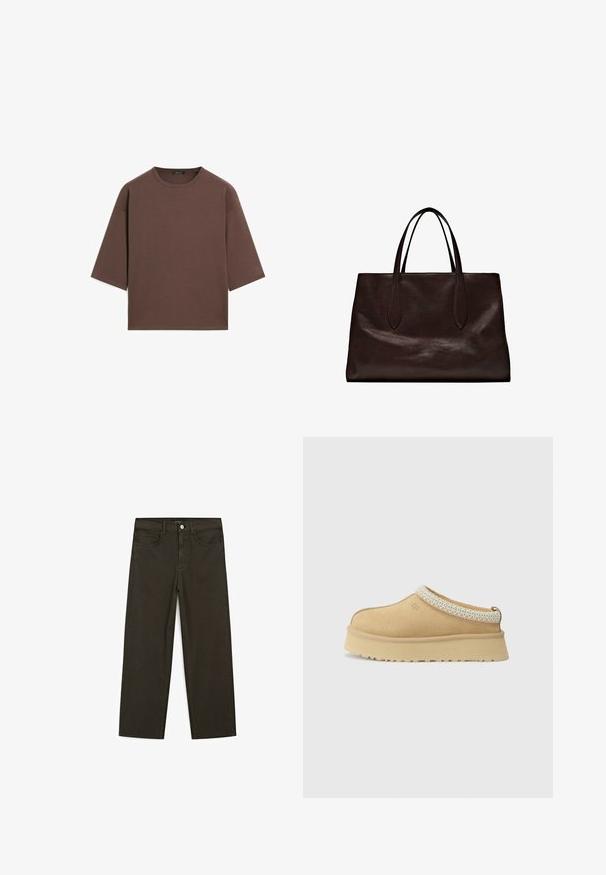 Brązowy, krótki t-shirt z okrągłym dekoltem, krótkimi rękawami i miękką fakturą. Zaprojektowany w luźnym kroju z minimalnymi detalami.; Ciemnozielone spodnie dżinsowe typu wide-leg wykonane z mieszanki bawełny, z zamkiem na guzik z przodu, pięcioma kieszeniami i klasycznym przeszyciem dżinsowym.; Sandały slip-on w kolorze tan z wyściełanym kołnierzem i teksturowanym, jasnoniebieskim akcentem. Posiadają grubą, trwałą podeszwę z wzorzystym bieżnikiem.; Massimo Dutti - Torebka