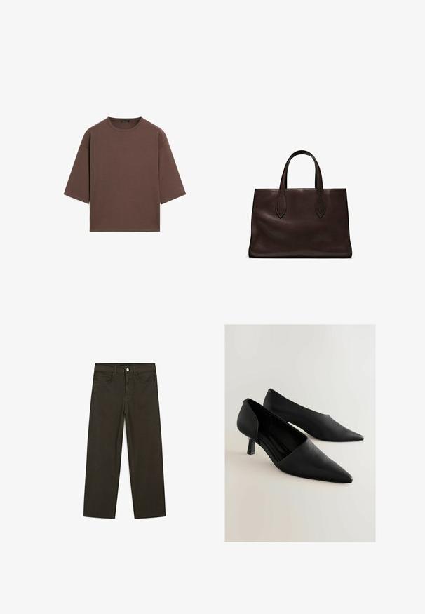 T-shirt corto marrone con scollatura rotonda, maniche corte e una texture morbida. Progettato con una vestibilità rilassata e dettagli minimi.; Jeans a gamba larga di colore verde scuro, realizzati in tessuto misto cotone, dotati di chiusura con bottone frontale, cinque tasche e cuciture classiche in denim.; Scarpe alte in pelle nera con punta affusolata, caratterizzate da un design minimalista e un tacco corto e quadrato. Texture liscia e silhouette elegante.; Borsa a spalla in pelle marrone con due manici lunghi, forma rettangolare strutturata, texture liscia e dettagli di cucitura sottili.