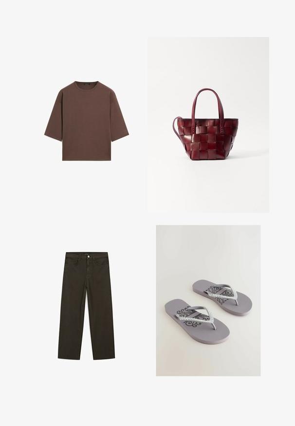 Hnědý zkrácený tričko s kulatým výstřihem, krátkými rukávy a měkkou texturou. Navrženo s uvolněným střihem a minimálním zdobením.; Tmavě zelené široké džínsy vyrobené z bavlněné směsi, s předním zapínáním na knoflík, pěti kapsami a klasickým denimovým stehem.; Šedé žabky s texturovanou stélkou, které mají dekorativní černý vzor a třpytivé řemínky se kamínky v designu do V.; Tkaná bordó kožená taška přes rameno s dvěma krátkými uchy a odnímatelným ramenním popruhem. Má strukturovaný tvar a hladkou texturu.