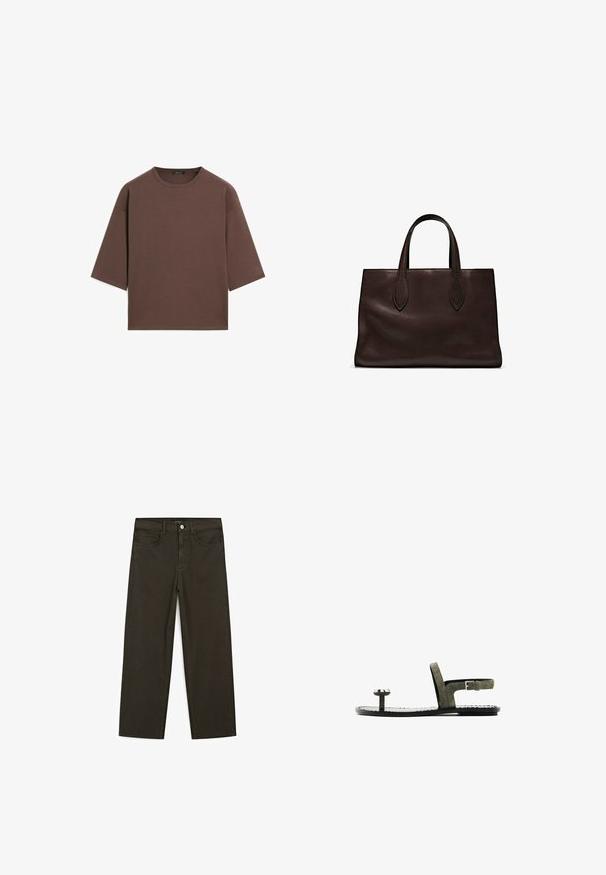 Braunes, kurzes T-Shirt mit rundem Halsausschnitt, kurzen Ärmeln und einer weichen Textur. Entworfen mit einem lässigen Schnitt und minimalen Details.; Dunkelgrüne Jeans im weit geschnittenen Style, hergestellt aus einem Baumwollgemisch. Sie verfügen über einen Frontknopfverschluss, fünf Taschen und klassische Denim-Nähte.; Offene Sandale aus olivgrünen Wildleder, mit einem dünnen Knöchelriemen mit Schnalle, einem runden Zehenteil und einer flachen schwarzen Sohle.; Braune Ledertasche mit zwei langen Griffen, strukturierte rechteckige Form, glatte Textur und dezente Nähdetails.
