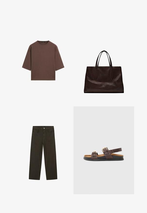 Braunes, kurzes T-Shirt mit rundem Halsausschnitt, kurzen Ärmeln und einer weichen Textur. Entworfen mit einem lässigen Schnitt und minimalen Details.; Dunkelgrüne Jeans im weit geschnittenen Style, hergestellt aus einem Baumwollgemisch. Sie verfügen über einen Frontknopfverschluss, fünf Taschen und klassische Denim-Nähte.; Braune Leder-Sandalen mit zwei verstellbaren Riemen und metallischen Schnallen, einer gepolsterten Innensohle und einer flexiblen schwarzen Gummisohle.; Massimo Dutti Handtasche - brown