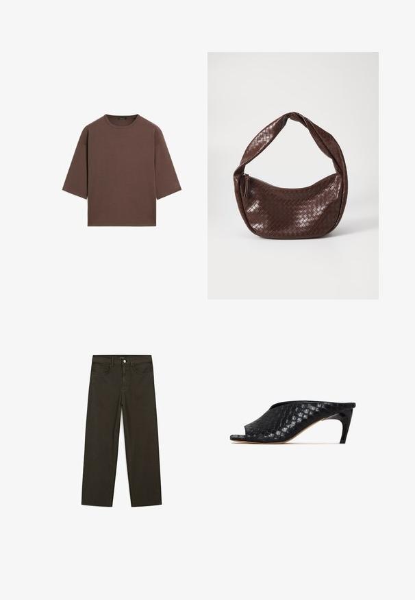 Bruine cropped t-shirt met een ronde halslijn, korte mouwen en een zachte textuur. Ontworpen met een losse pasvorm en minimale details.; Donkergroene wijde jeans van een katoenmix, met een sluiting met een voorste knop, vijf zakken en klassieke denimstiksels.; Zwarte gevlochten muiltjes met een open teen en een slanke, gebogen hak. Het materiaal heeft een glanzende afwerking en vertoont een gestructureerd, geruit patroon.; Bruine geweven leren handtas met een gebogen, geknoopte hengsel en een ritsluiting. Glad oppervlak en ronde vorm.