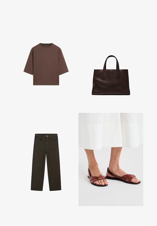 Brown cropped t-shirt with a round neckline, short sleeves, and a soft texture. Designed with a relaxed fit and minimal detailing.; Dark green wide-leg jeans made of cotton blend, featuring a front button closure, five pockets, and classic denim stitching.; Brown leather sandals with crossed straps and open back, featuring a flat sole. The straps are smooth with a matte finish.; Brown leather tote bag with two elongated handles, structured rectangular shape, smooth texture, and subtle stitching details.